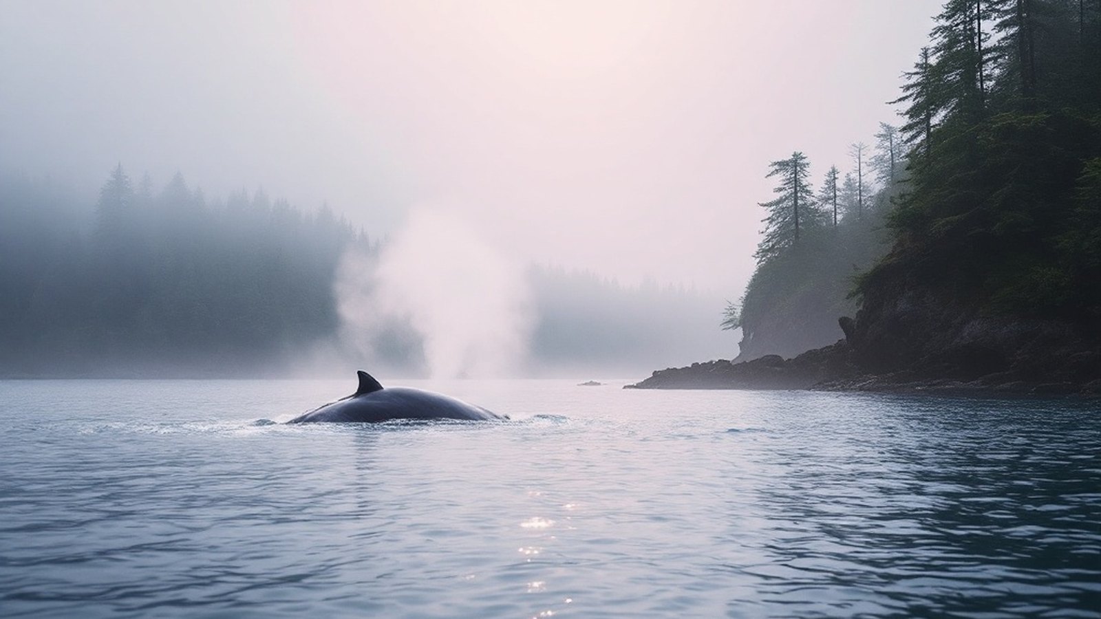 Grey whale blowing close inshore below the East Sooke headlands