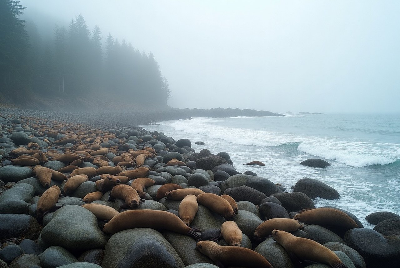 Harbour seals hauled out in numbers on rocks near the Sooke Harbour mouth