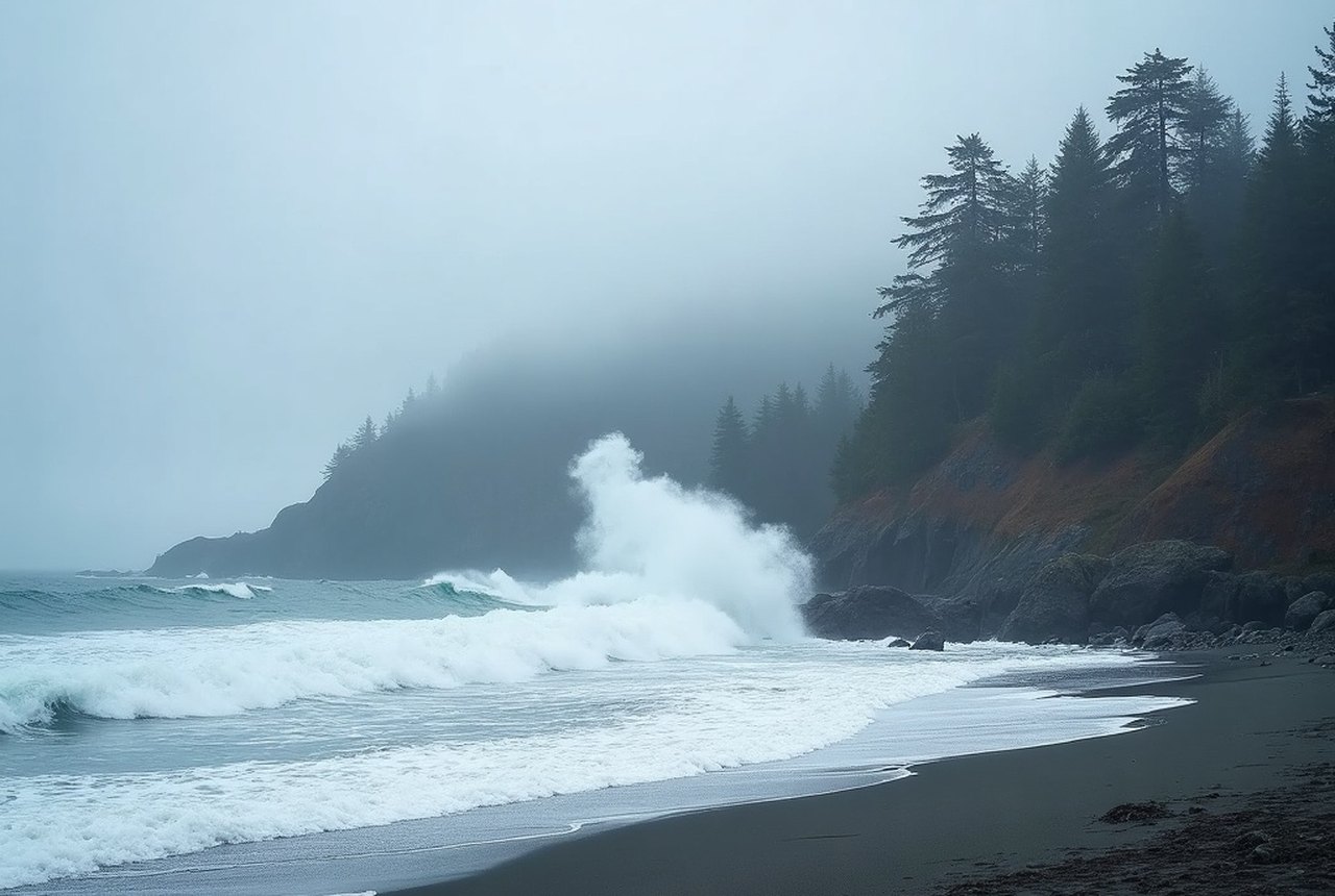 Storm surf against a Sooke headland in winter