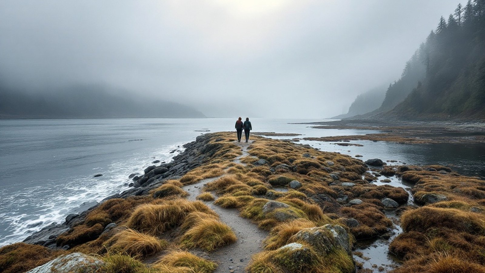 Walkers far out on Whiffin Spit with the open strait on one side and the calm basin on the other