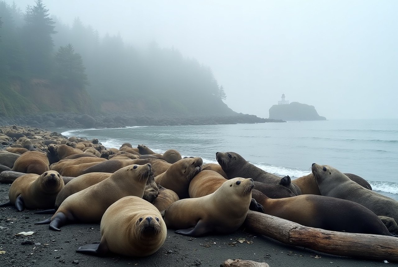 Harbour seals hauled out on driftwood logs near the Sooke Harbour mouth